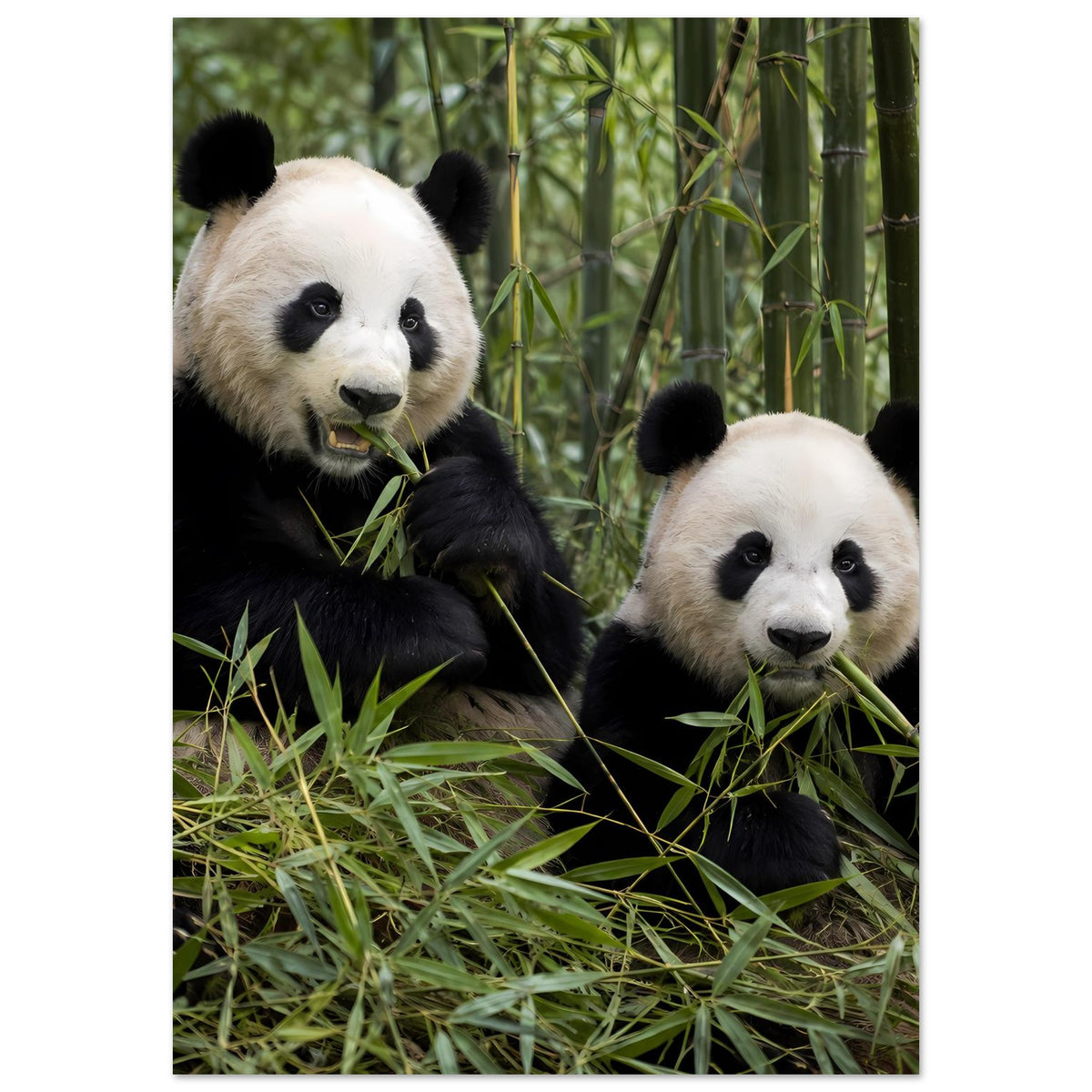 Duo-Poster mit zwei Pandas im Bambus, Blick auf Köpfe und Vorderpfoten