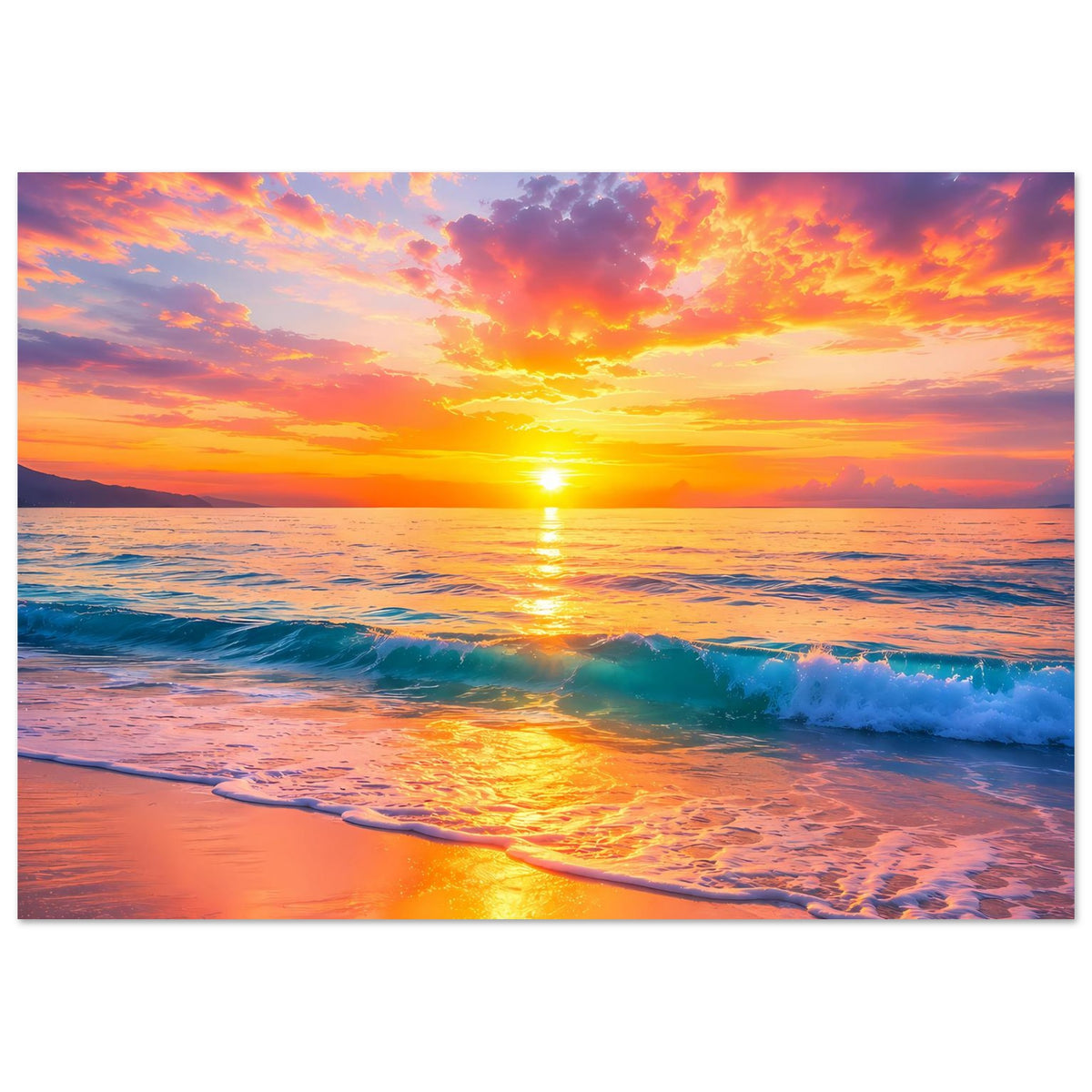 Horizontales Strandposter mit Sonnenuntergang über dem Meer und spiegelndem Licht am Ufer