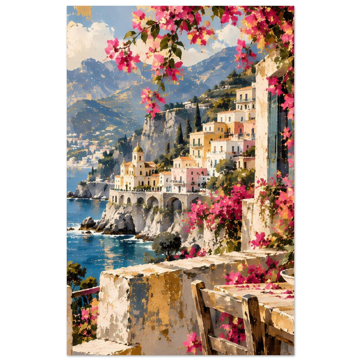 Mediterranes Küstenposter im Hochformat: Berg, Meerbucht, Häuser, rosa Blüten