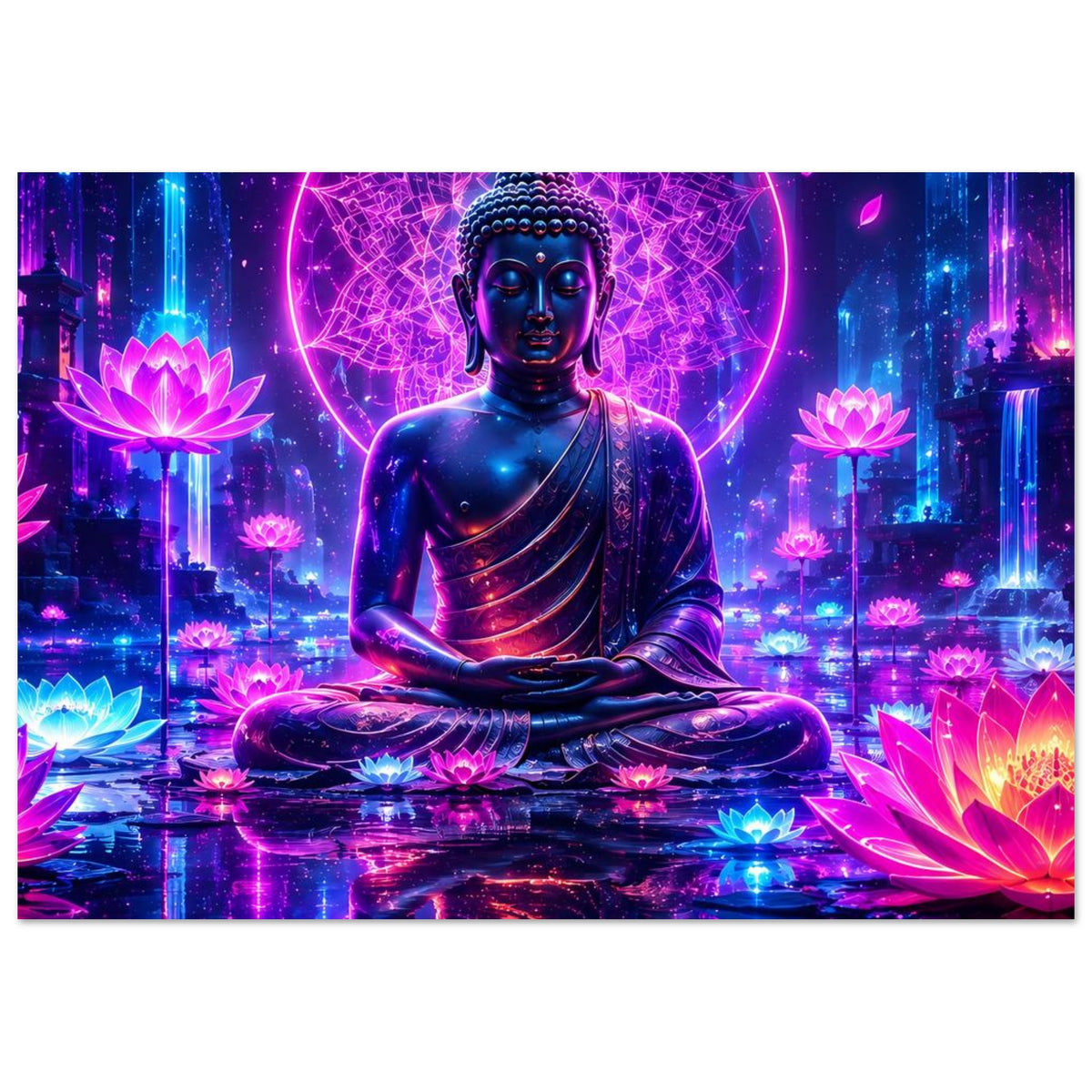 Meditierender Buddha auf Poster, zentraler Buddha im Lotussitz, neonfarbene Lotusblüten