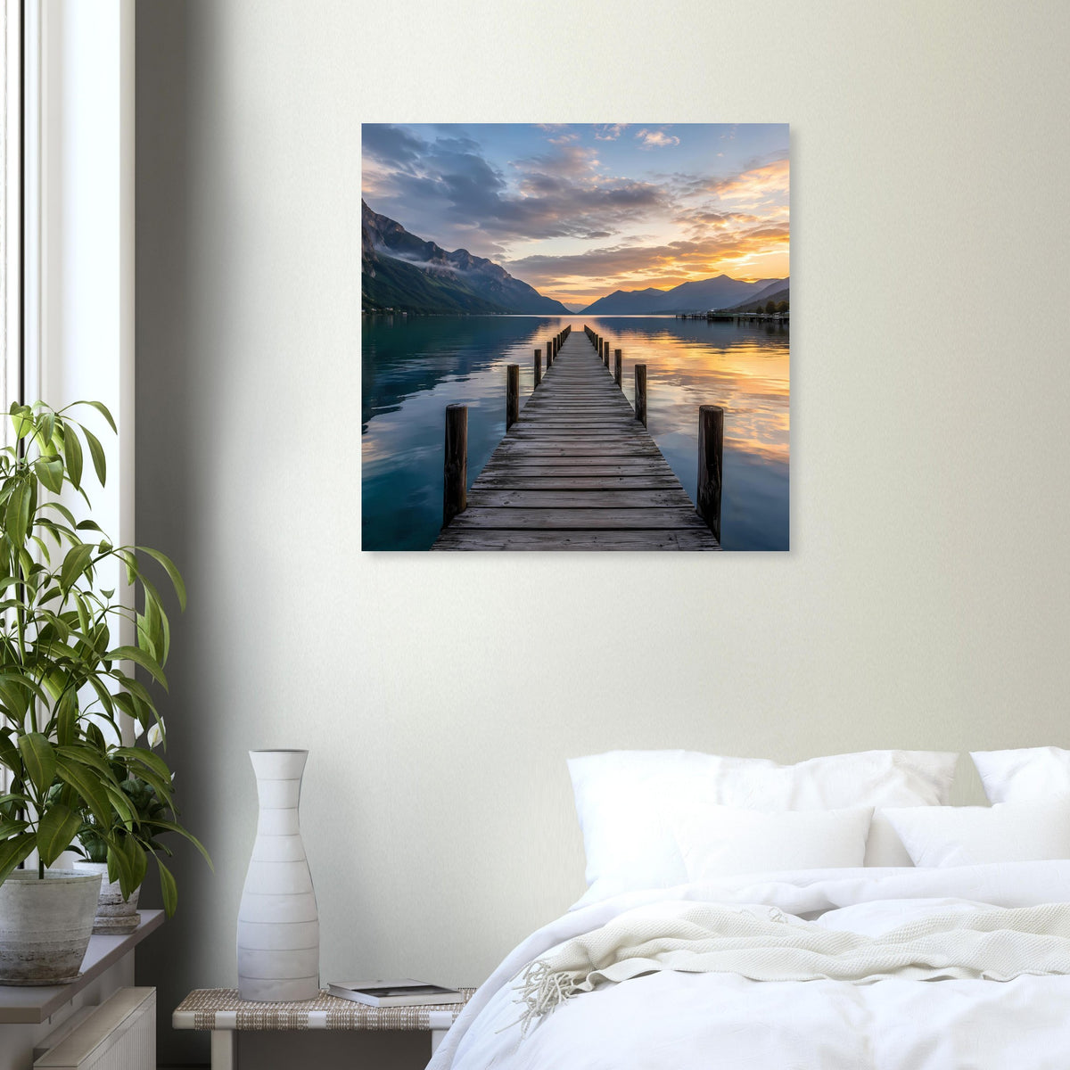 Quadratisches Poster mit Holzsteg am Ufer, Sonnenuntergangsfarben am Horizont