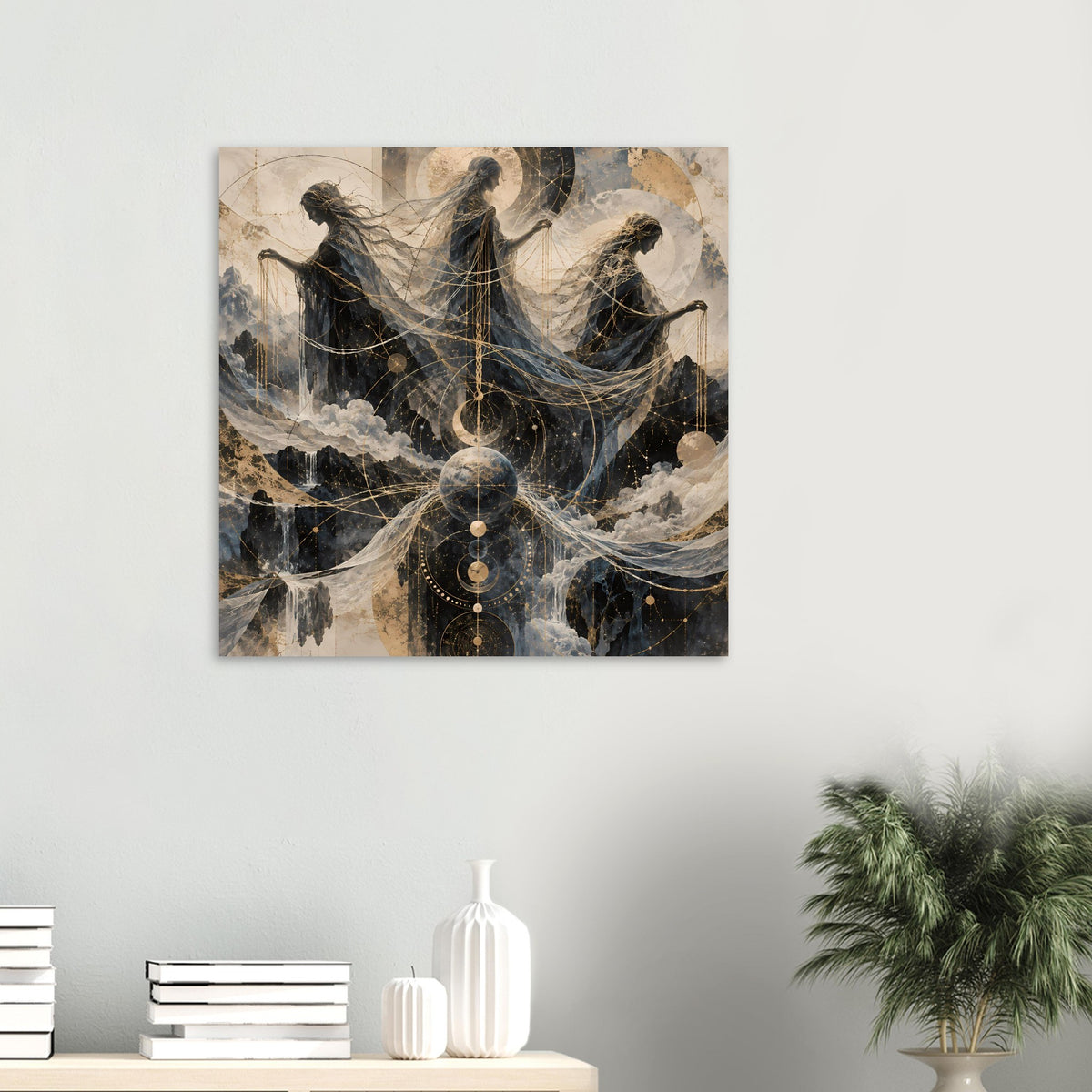 Kleines Wandposter im Querformat mit drei geflügelten Gestalten, goldenen Linien und Wolken