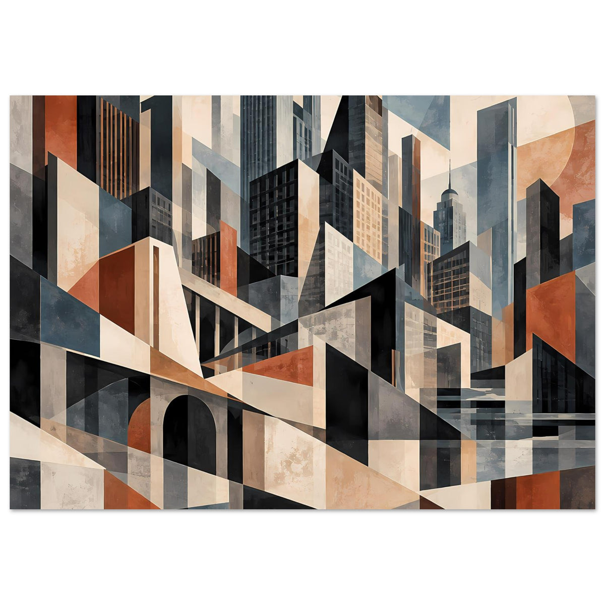 Architekturposter im Querformat mit geometrischer Stadtsilhouette in Erdtönen und Blau