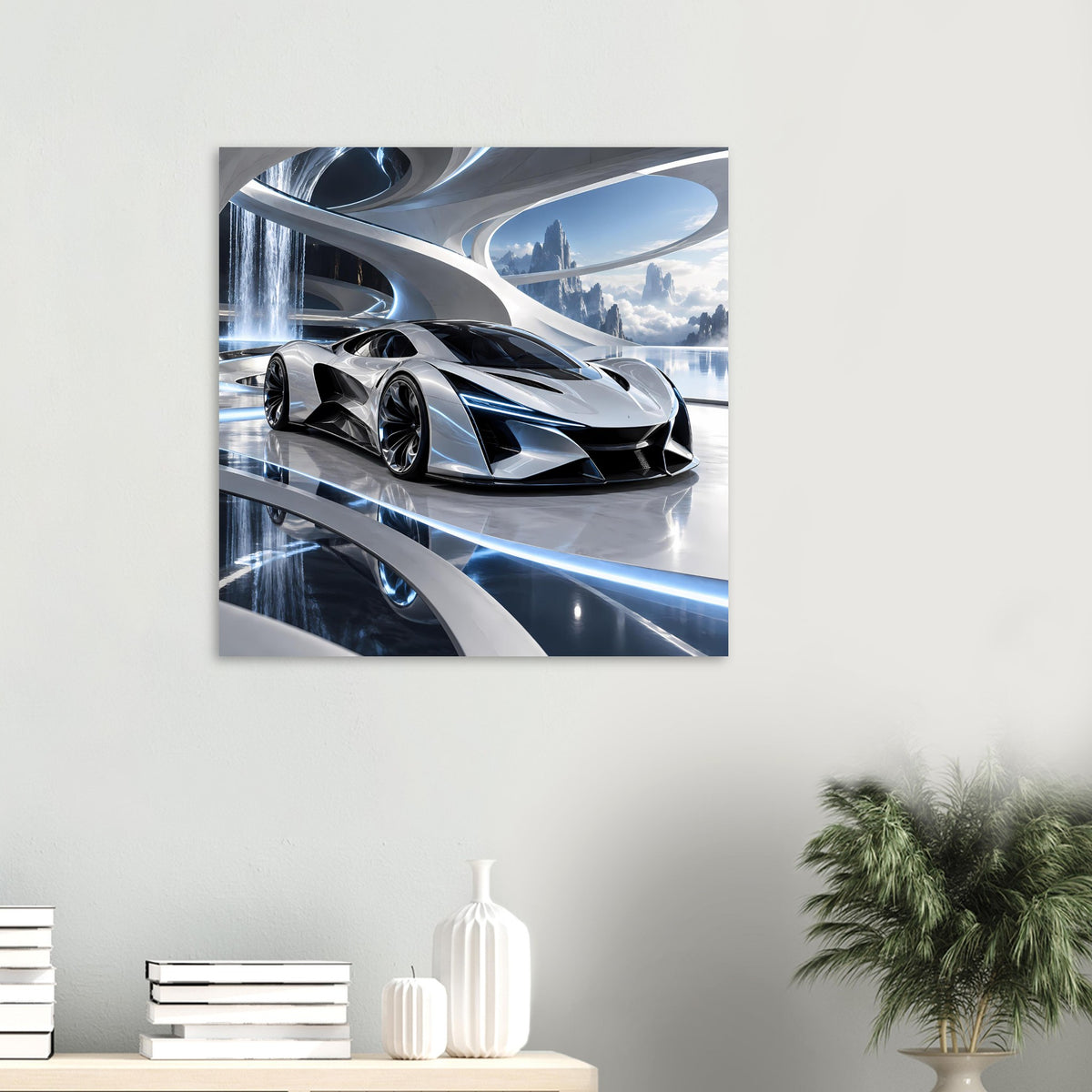 Auto-Poster (Hochformat): silberner Supersportwagen mit schwarzer Front und blauen Lichtstreifen.