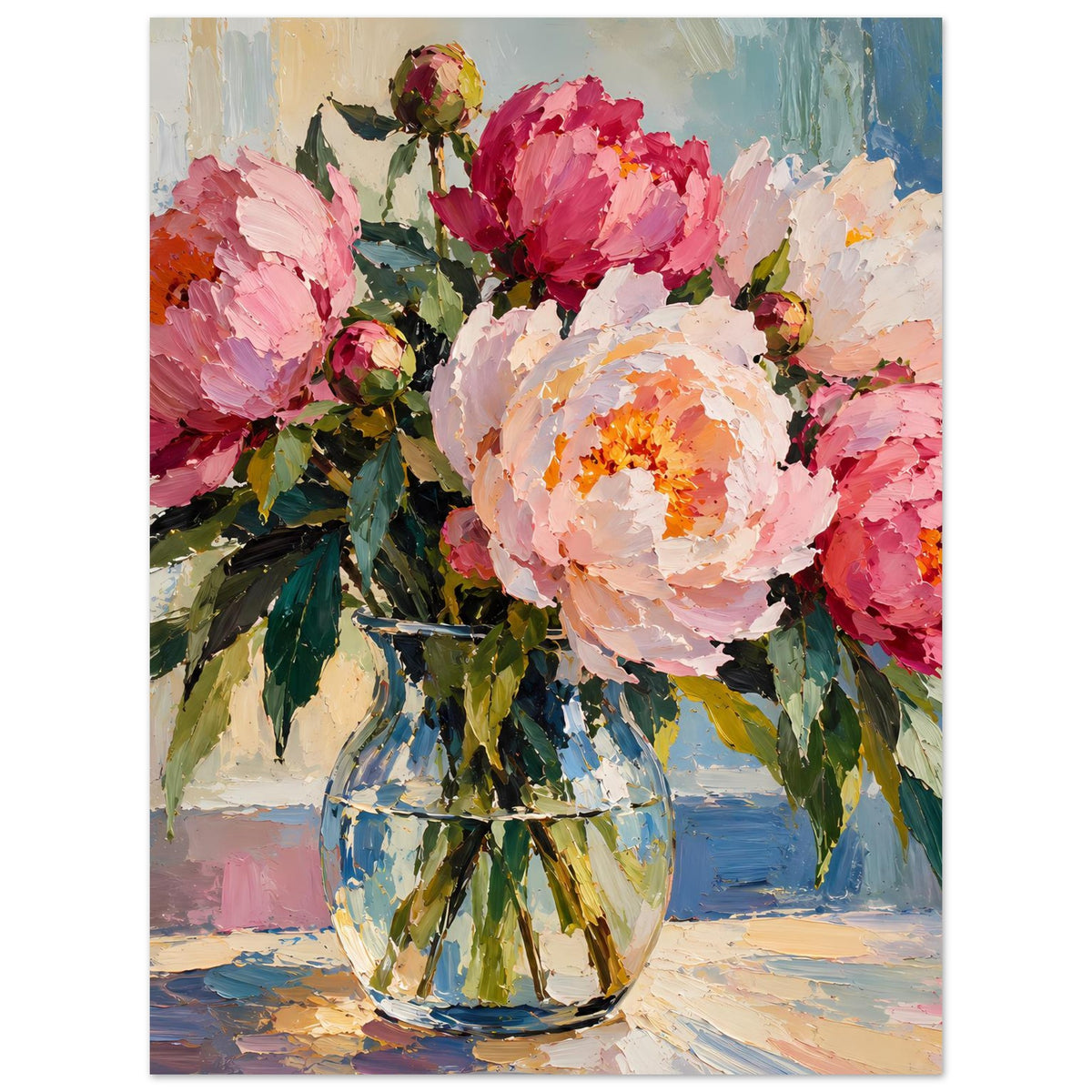 Blumenposter: Pfingstrosen in blauer Vase, Ölmalerei-Stil, hochformat