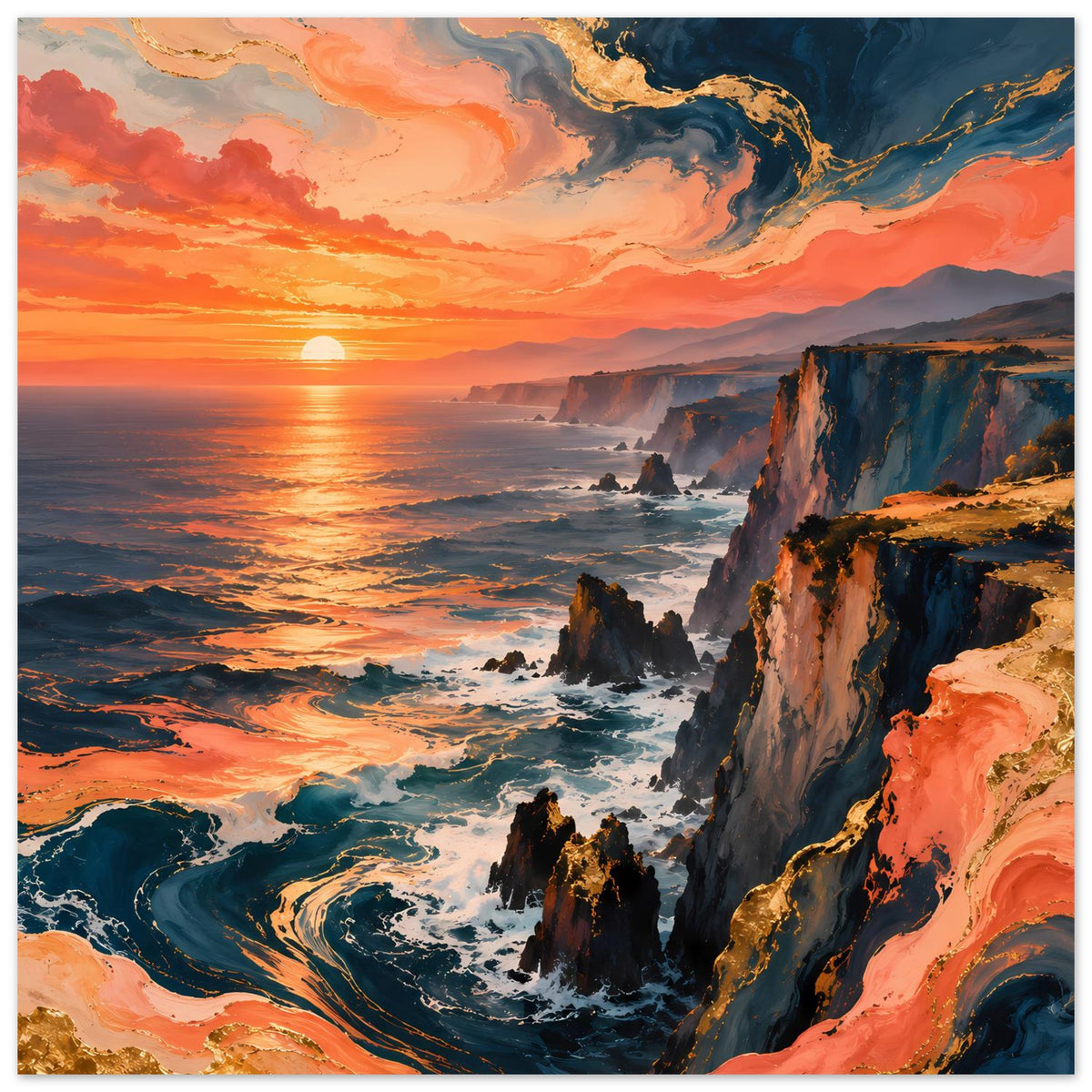 Querformat-Poster Sonnenuntergang an der Steilküste, welliges Meer und dramatische Klippen