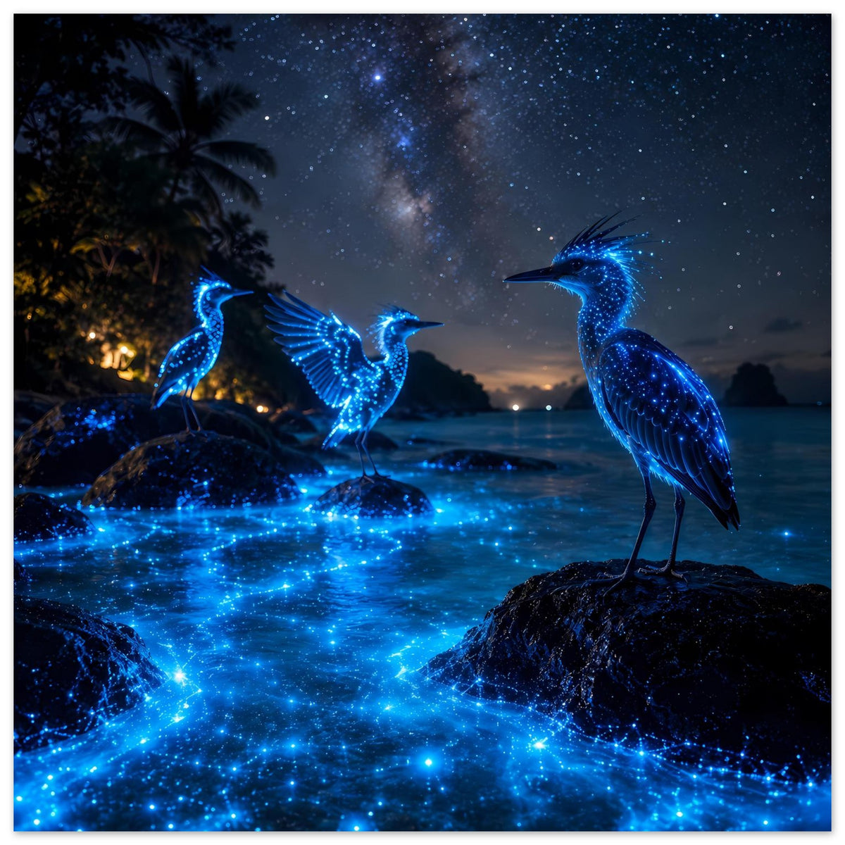 Poster: drei blaue Nachtvögel mit glitzernden Konturen, Licht im Wasser darunter