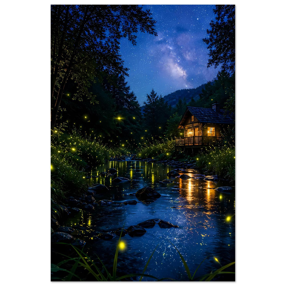 Waldposter mit Fluss, leuchtenden Glühwürmchen und beleuchtetem Häuschen bei Nacht