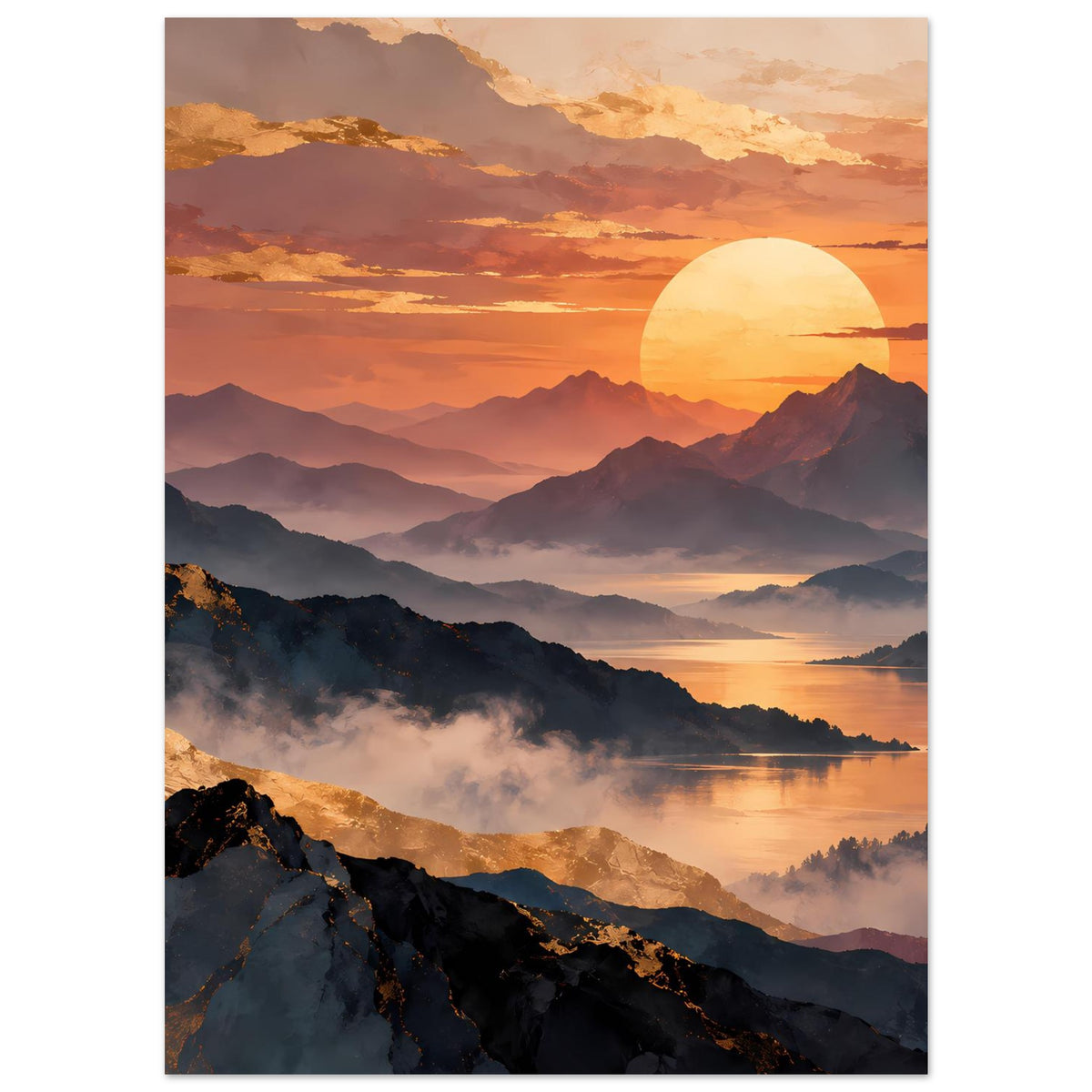 Hochformatiges Poster mit warmem Sonnenuntergang, Bergen im Dunst und Wasserlinie