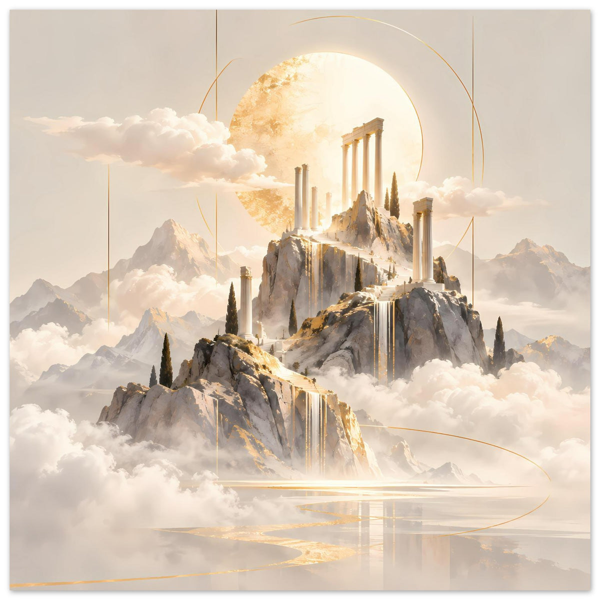 Vertikales Poster mit Tempel-Motiv: goldener Kreis über Berglandschaft, Wolken und Linien