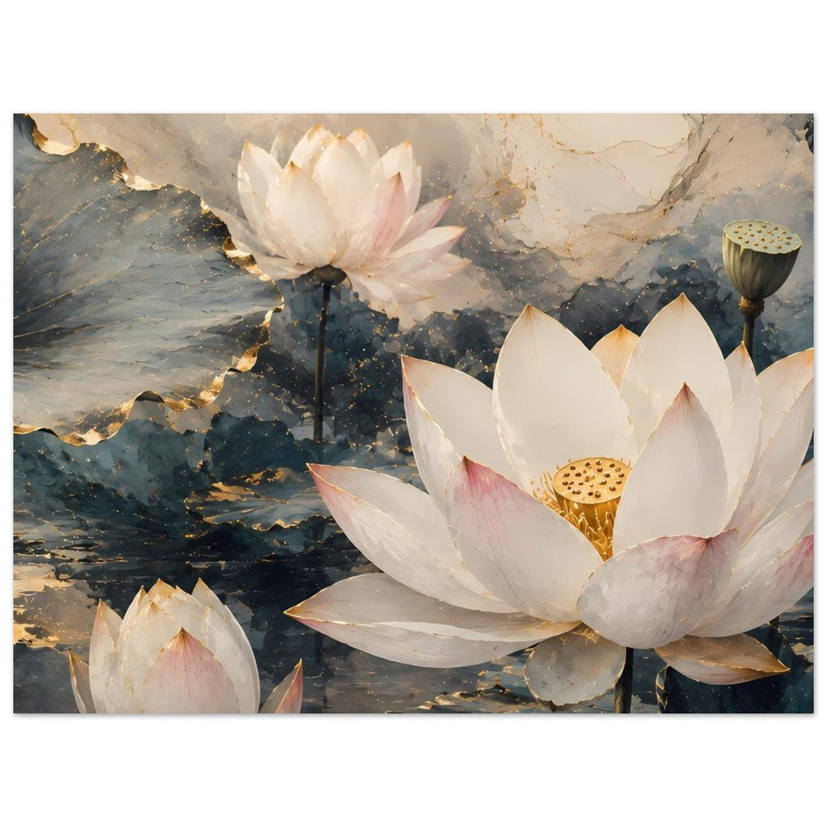 Lotusblumen-Poster, horizontales Motiv: große Seerosenblüte mit goldener Mitte und weißen Blättern