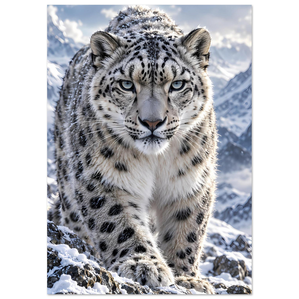 Poster mit Schneeleopard im Schnee, ganzer Vorderkörper mit gesträumtem Fell