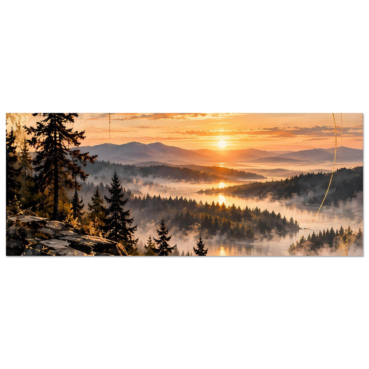 Horizontales Landschaftsposter mit Sonnenaufgang, Nebel über Wäldern und Bergen