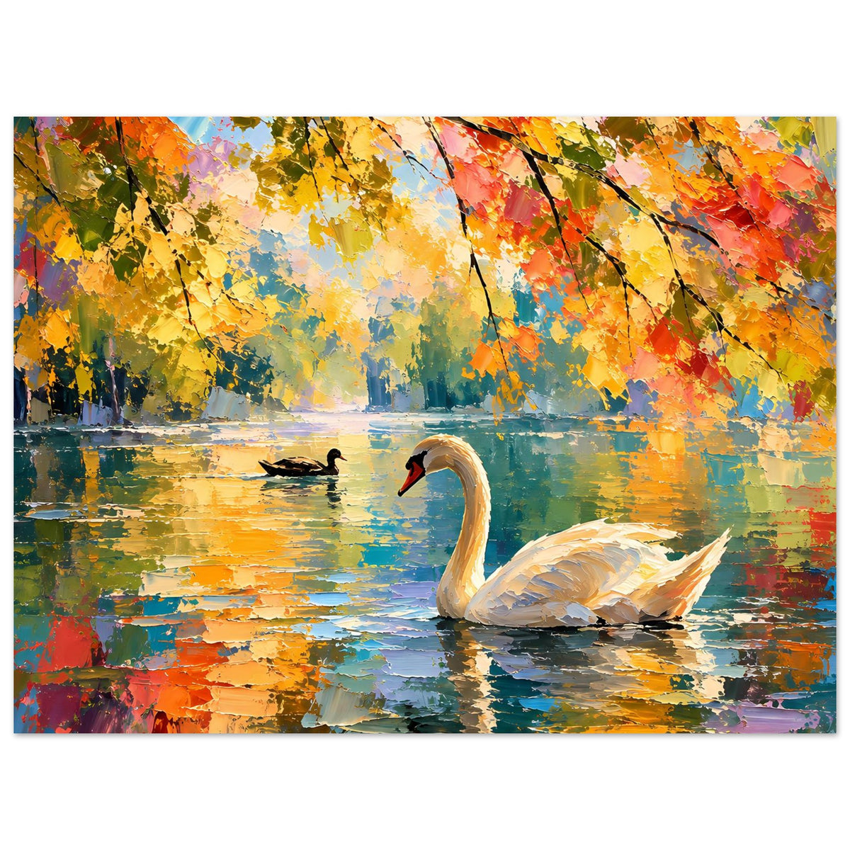 Herbstposter im Querformat mit weißem Schwan, Wasserreflexionen und farbigen Blättern