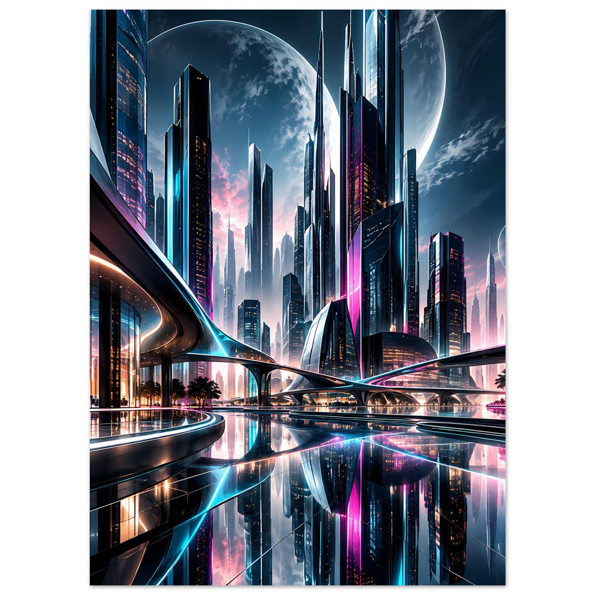 Poster mit Hochhäusern und türkisfarbenen Neonlinien, magenta Akzenten im Vordergrund