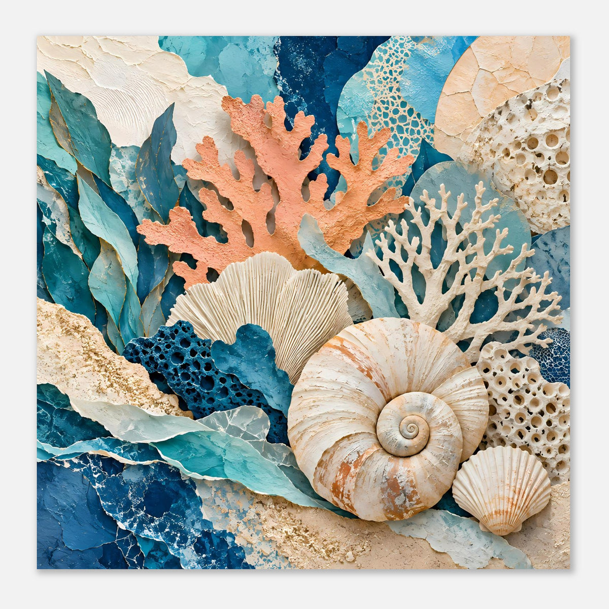 Meerestief-Poster mit Nahansicht der Korallen- und Muschelcollage, blau und orange