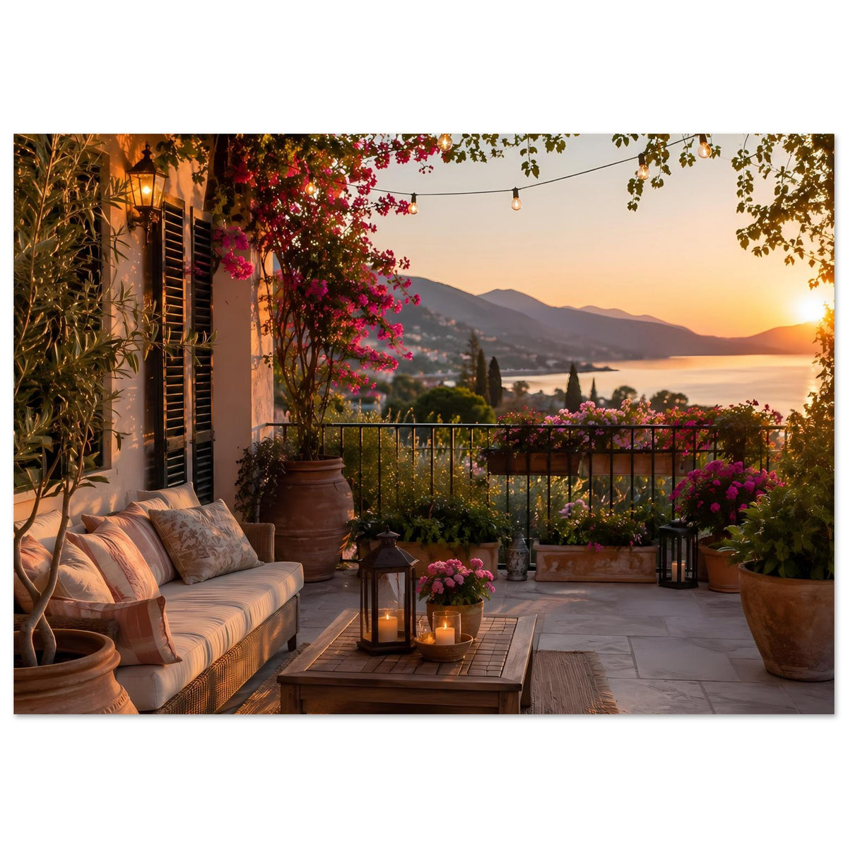 Poster mit mediterranem Balkon: Balkonbrüstung, Blumen, Lichterkette und warmes Licht am Abendhimmel