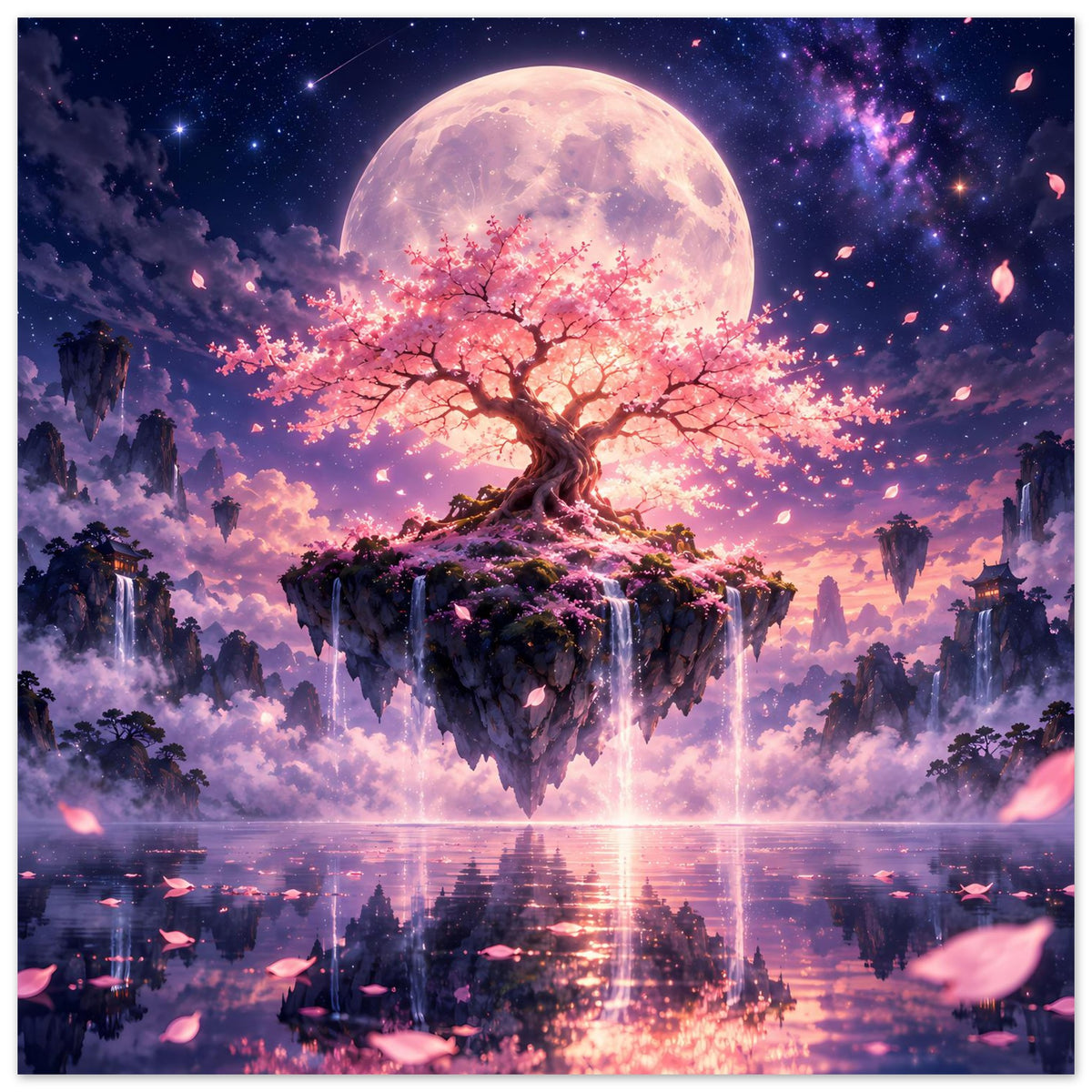 Poster mit blühendem Kirschbaum auf schwebender Insel, Vollmond, Sterne und rosa Leuchtreflexion