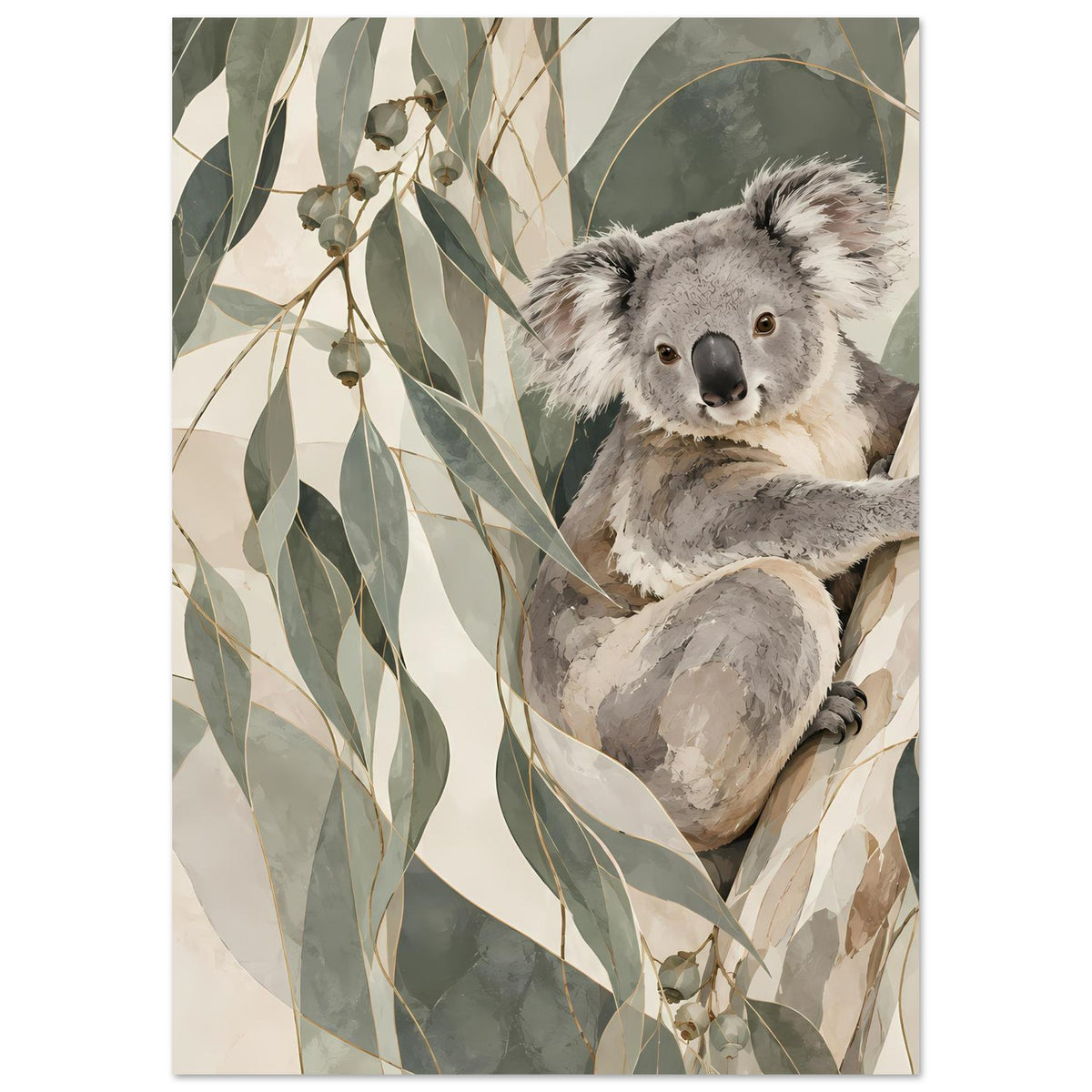 Gerahmtes Hochformat-Poster mit Koala in Grautönen, umgeben von Blättern