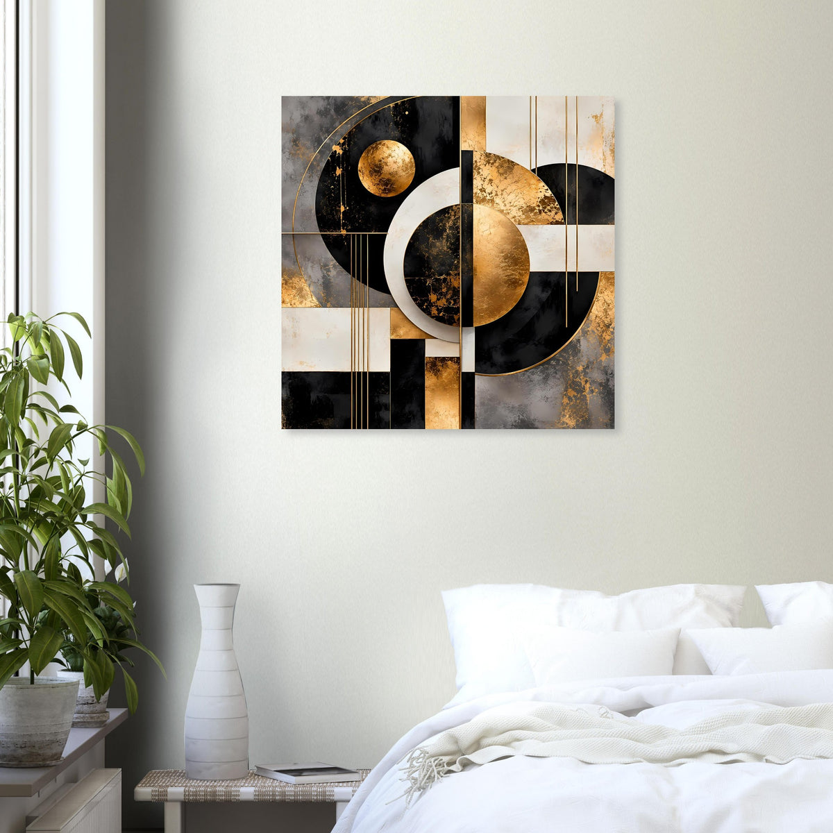 Quadratisches Wandposter: goldene Kreisformen auf schwarzen und cremefarbenen Flächen