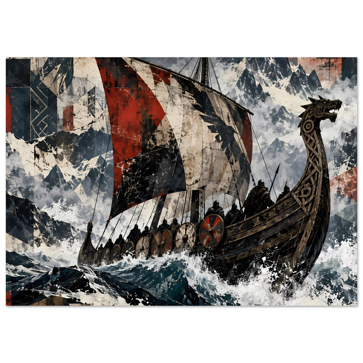 Wikingerschiff-Poster mit Segelboot auf stürmischer See, rote und schwarze Segel