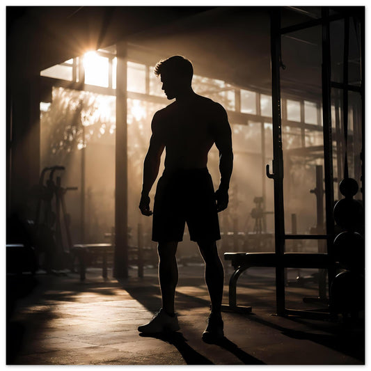 Fitness-Poster mit dunkler Silhouette eines Sportlers in Shorts und Sportshoes
