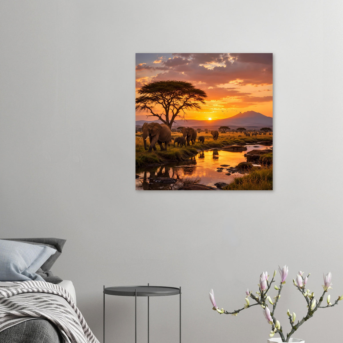 Wandposter mit Elefantenherde an Wasserstelle bei Sonnenuntergang