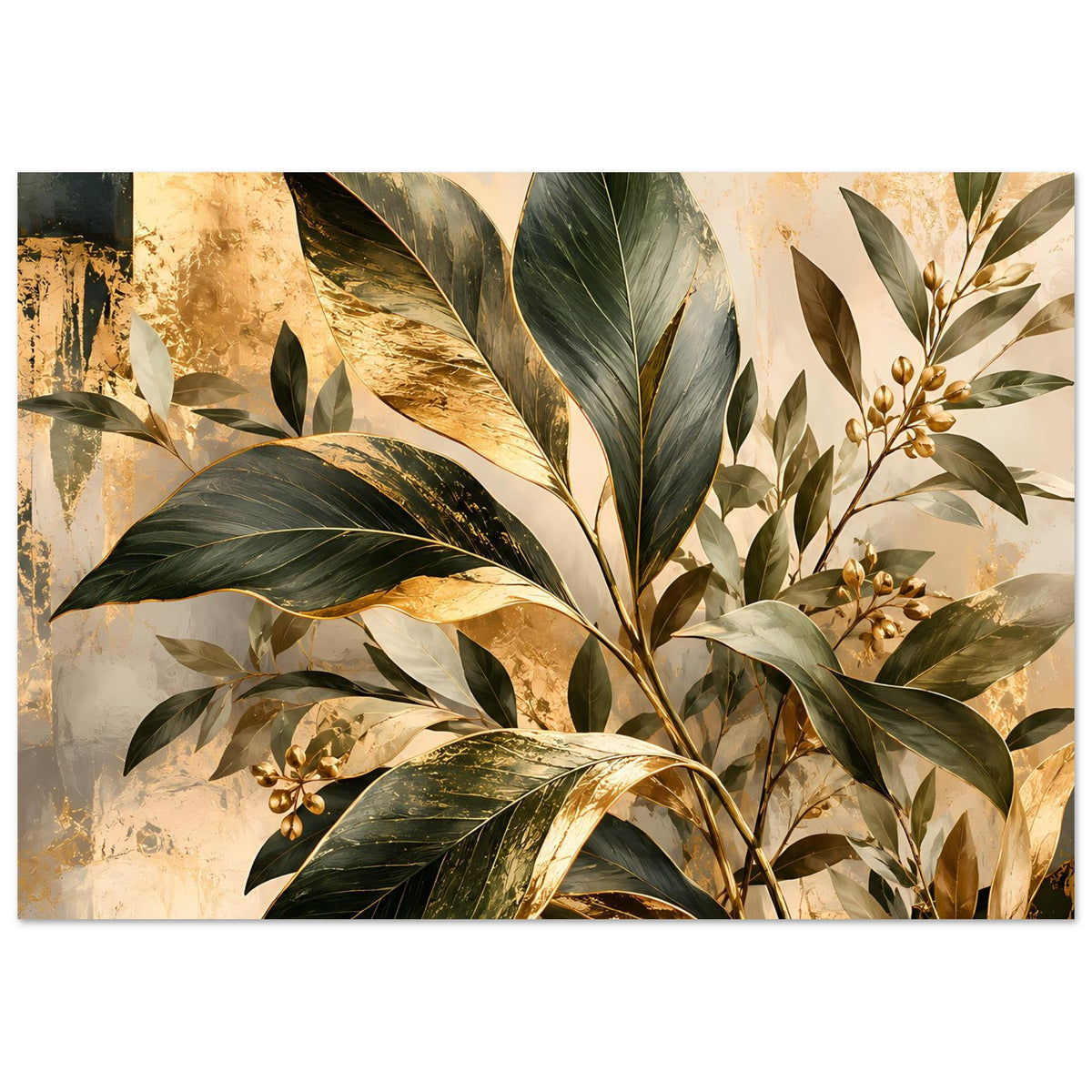 Botanisches Poster im Querformat: goldene Blattakzente, grüne Blätter und Zweige