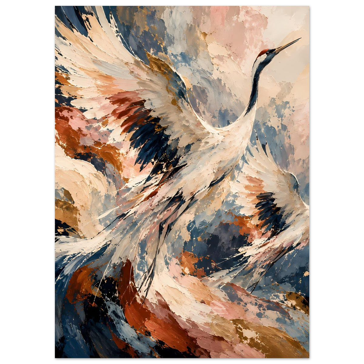 Poster mit fliegenden Kranichen, abstrakte Farben in Creme, Rostbraun, Dunkelblau