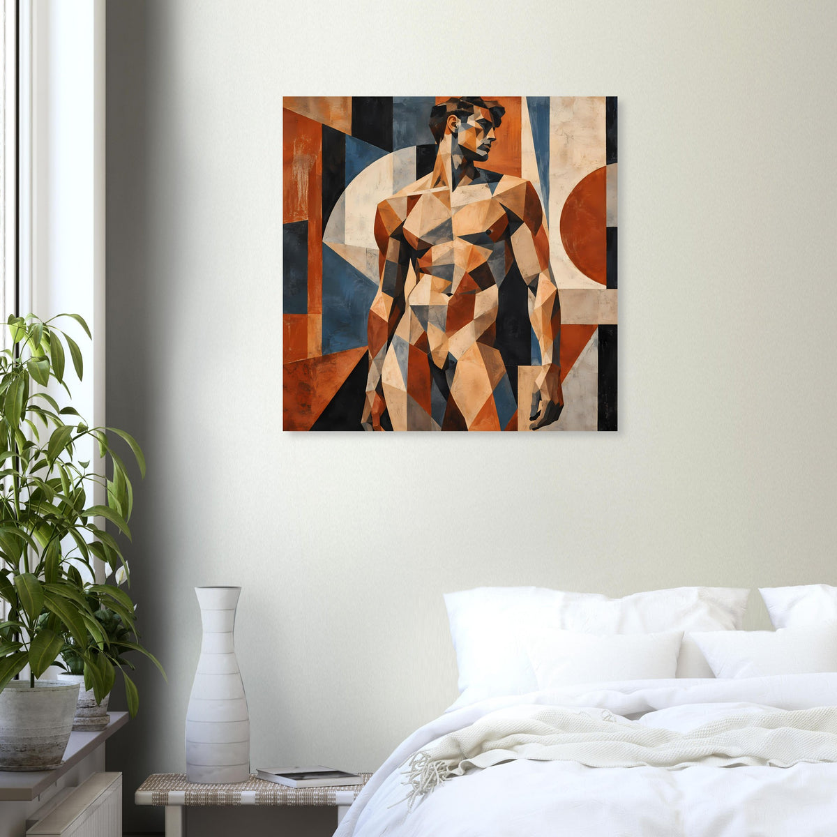 Quadratischer Kunstdruck mit geometrischem Akt-Mann, warmes Braun-Orange, schwarzer Rand
