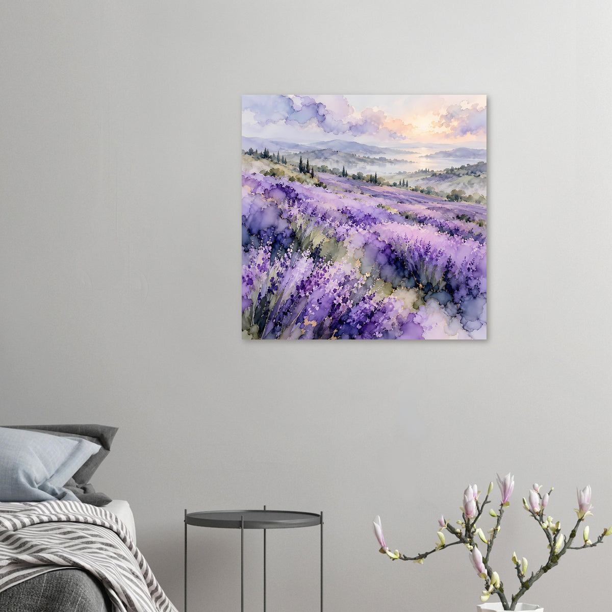 Kleines Aquarell-Landschaftsposter mit violettem Lavendelfeld und warmem Sonnenuntergang