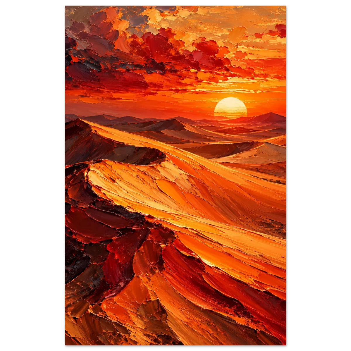 Poster: Wüstenlandschaft im Sonnenuntergang mit großer Sonne, orangefarbene Dünen