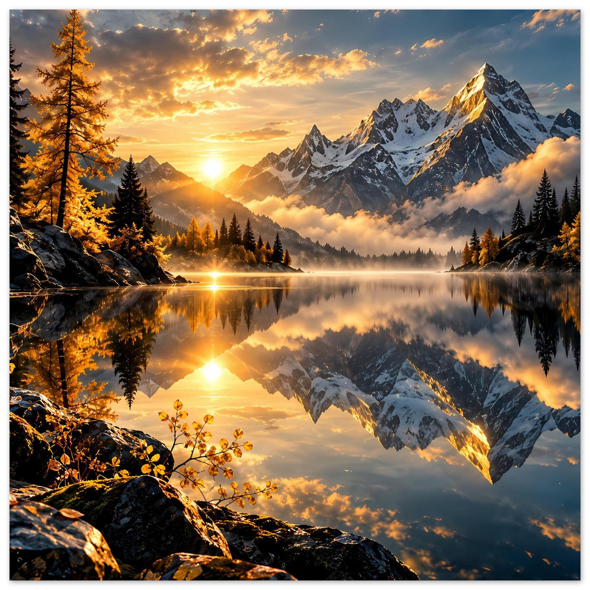 Wandposter mit warmem Sonnenaufgang, Fichten, Felsvordergrund und See-Reflexion