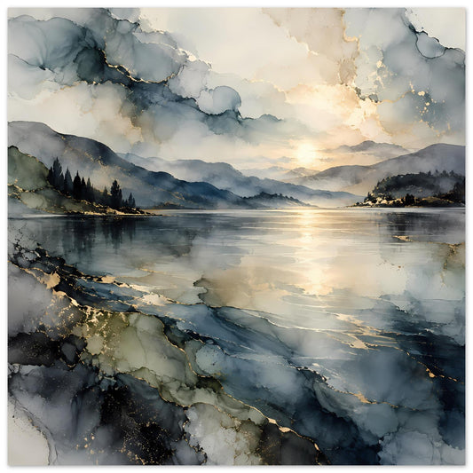 Abstraktes Landschaftsposter, quadratisch: blau-graue Berge, See und goldener Sonnenlichtglanz