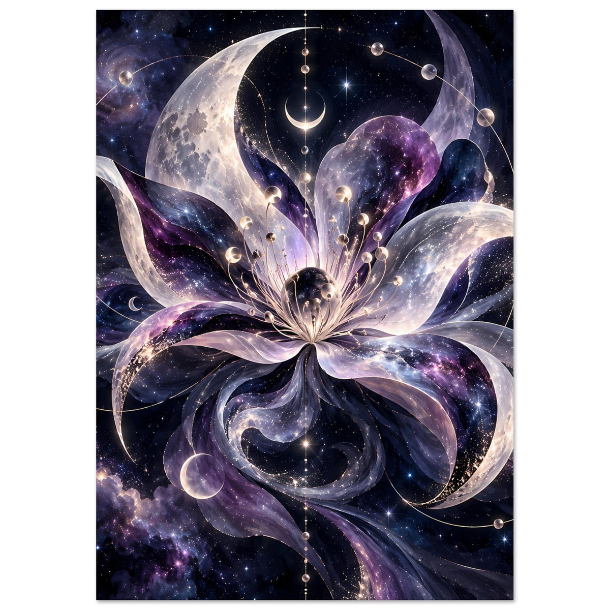 Kosmische Blüte mit Monden, Planeten und Sternen in violett-blauem Weltraum – Motivansicht 43