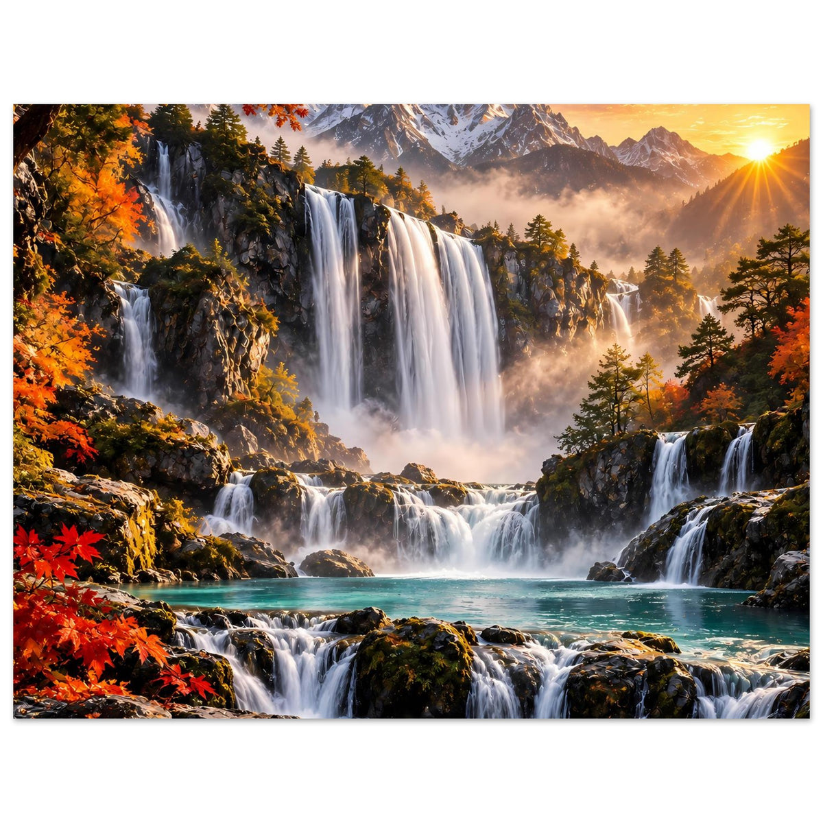 Breites Poster mit Wasserfällen, Herbstwald, Bergpanorama und Sonne rechts oben