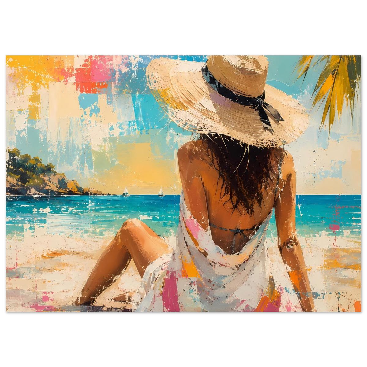Sommerposter im Querformat mit Frau von hinten im Strohhut über türkisfarbenem Strand