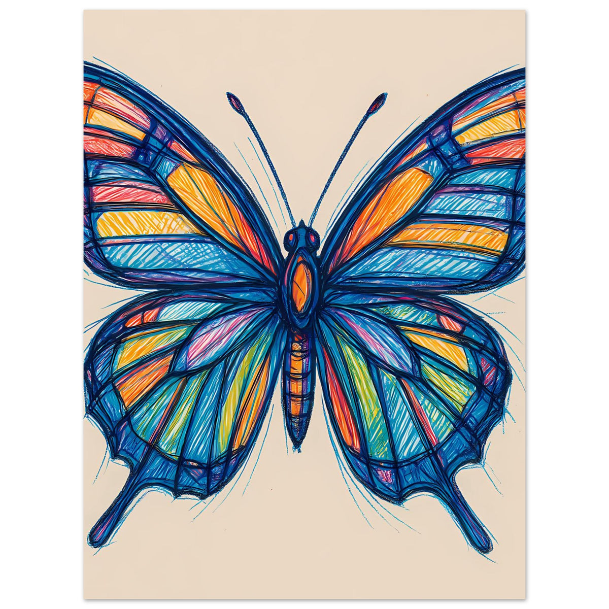 Schmetterlings-Kunstposter, hochformatig, blau-orange Flügel mit bunten Streifen, mittig