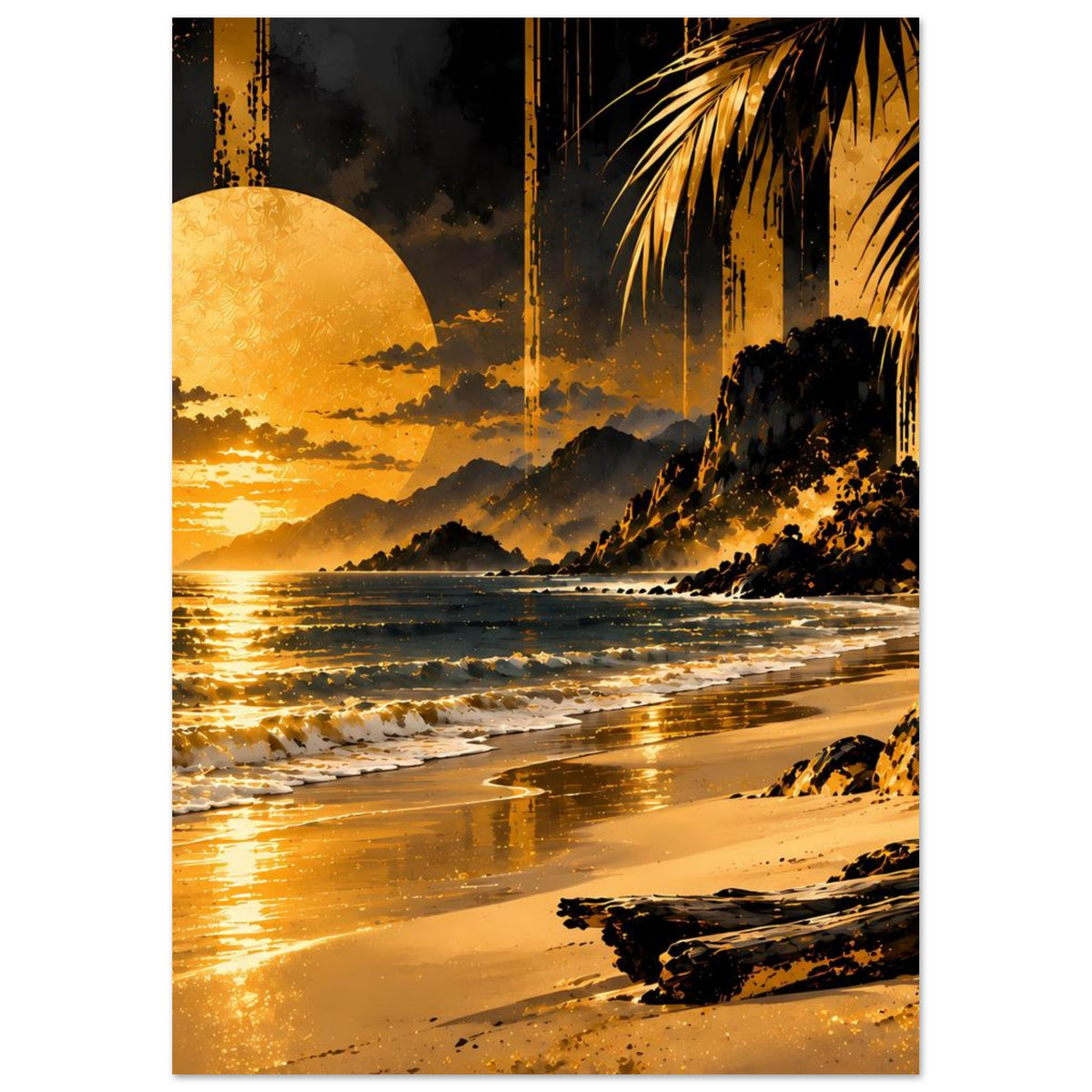Kunstdruck-Poster, Hochformat: Strand bei Sonnenuntergang, goldene Reflexe, Palmen