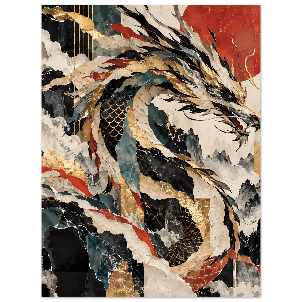 Vertikales Poster mit abstraktem Drachen in Schwarz, Blau, Rot und Gold