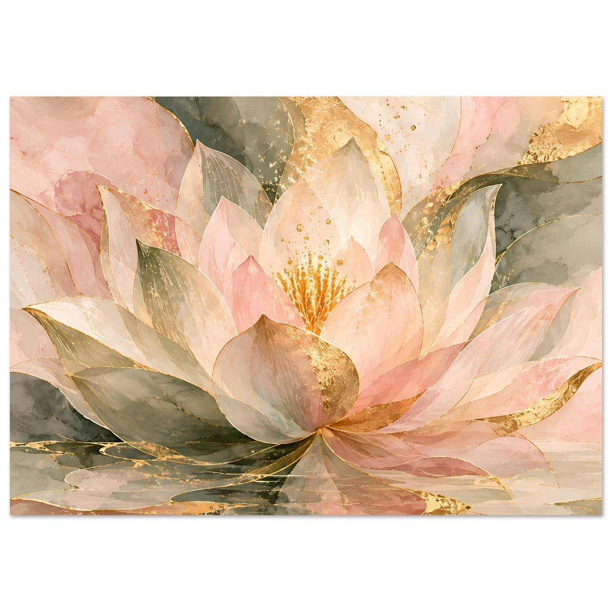 Zen-Poster mit zarter Lotusblüte in Rosé, Grün und Gold, horizontal