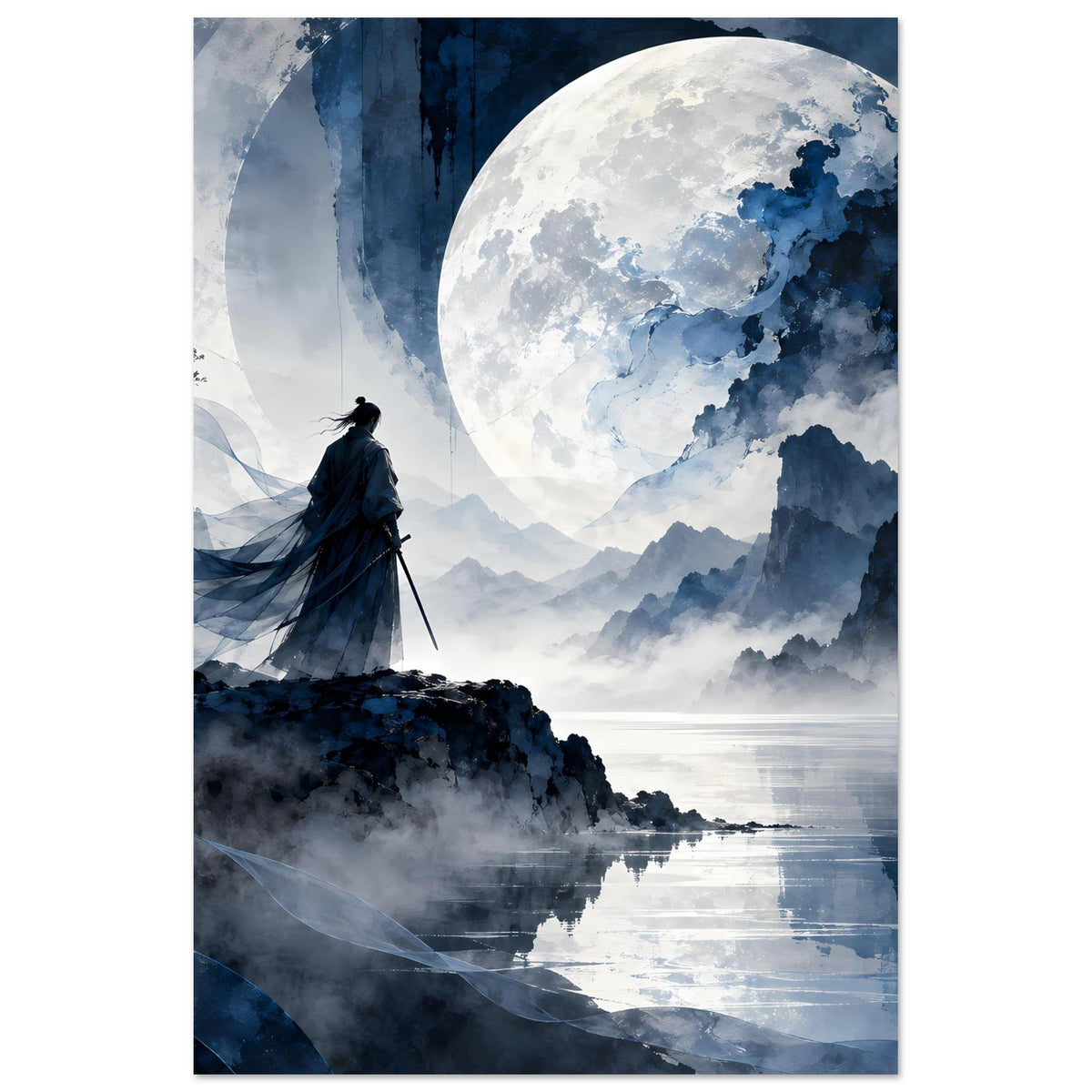 Mattes Poster, vertikales Motiv: Samurai-Silhouette am Felsen, riesiger Mond, Berge und Spiegelung.