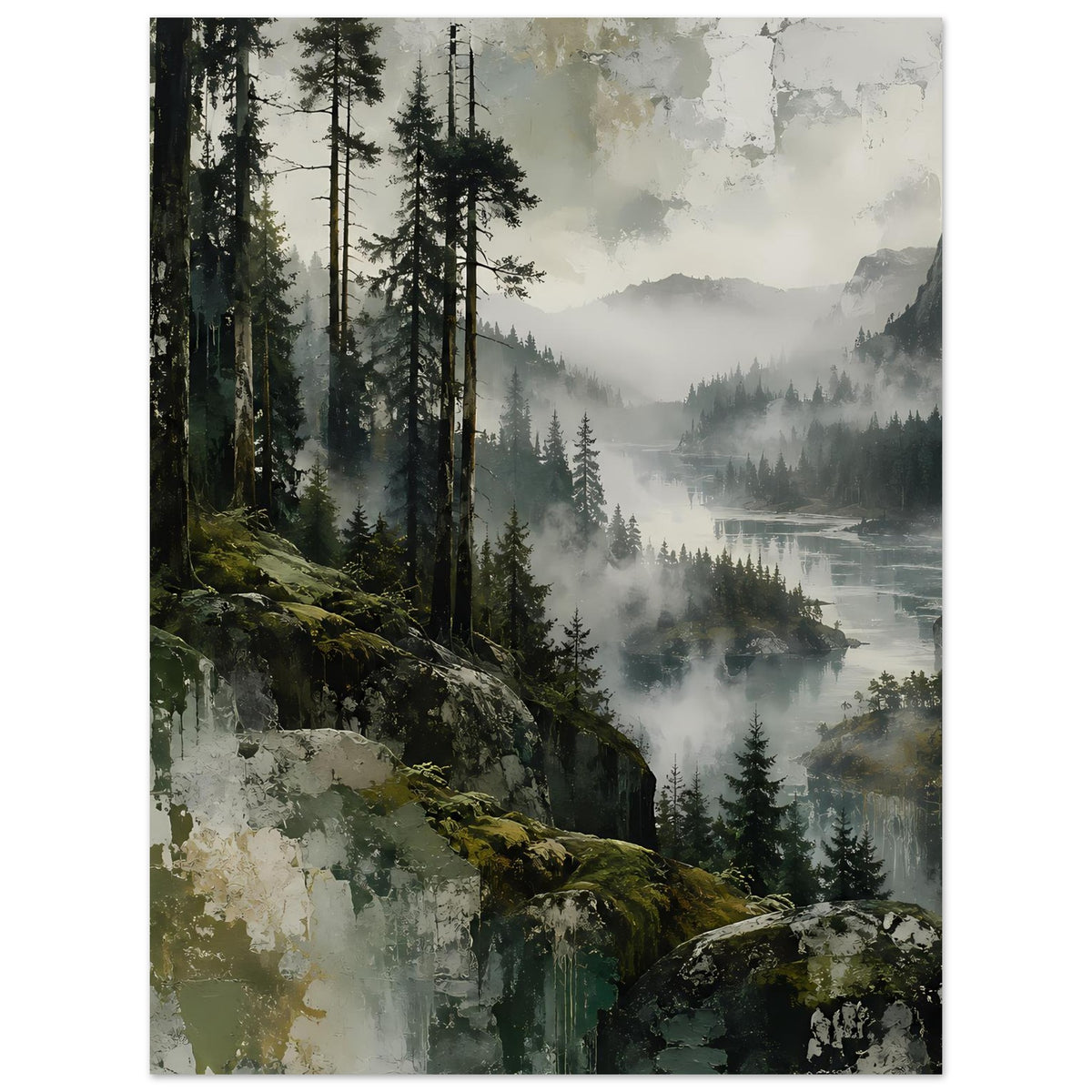 Landschaftsposter mit dichter Baumreihe und Nebel über Bergtal, mattes Papier