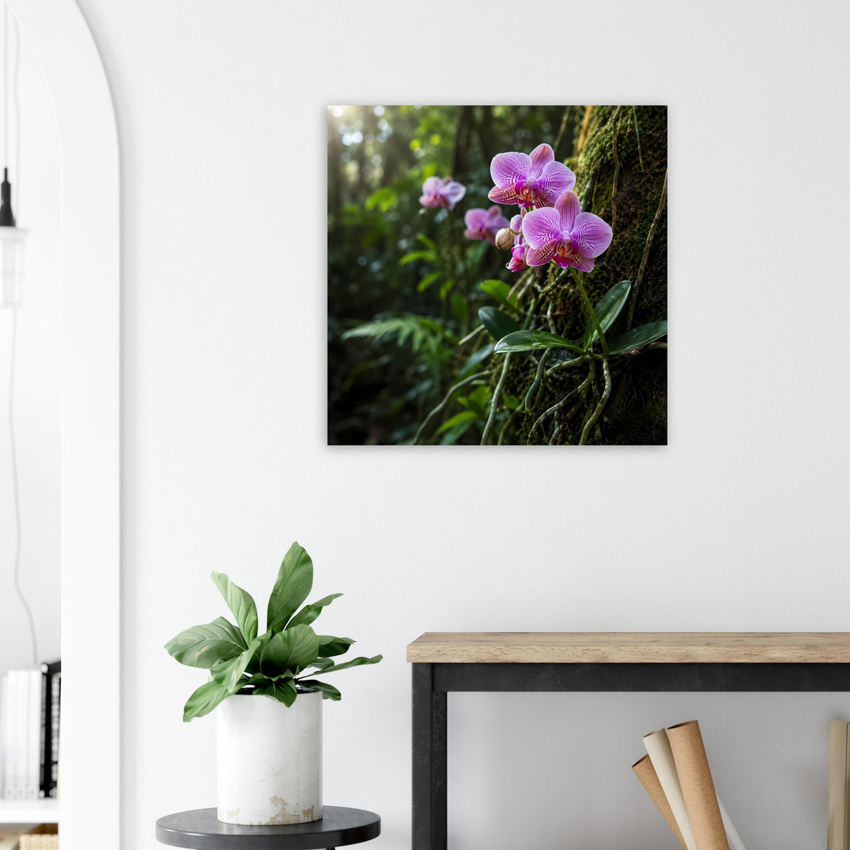 Quadratisches Wandposter mit rosa Orchideen, botanischer Bildausschnitt