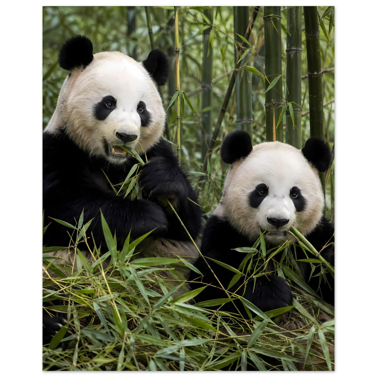 Panda-Duo-Poster im Hochformat: Panda links hält Grashalme, Panda rechts schaut frontal