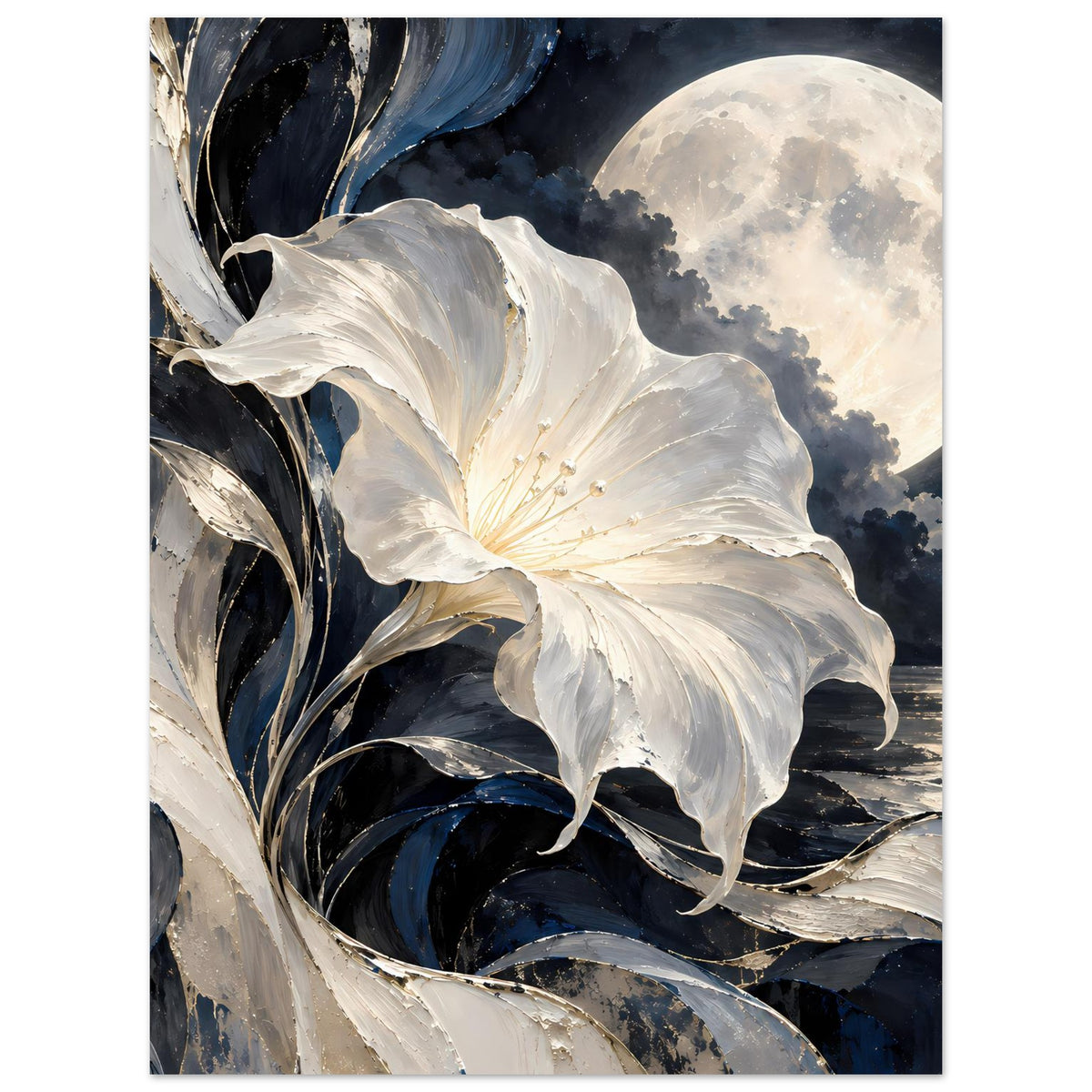 Blumenposter im Hochformat: weiße Blüte im Vordergrund, Mond im Hintergrund