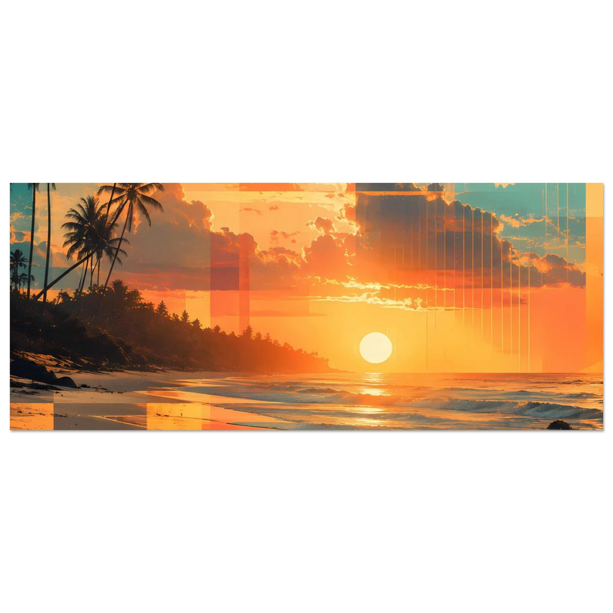 Horizontales Poster: leuchtende Sonne über dem Meer, Palmen und Strand bei Sonnenuntergang
