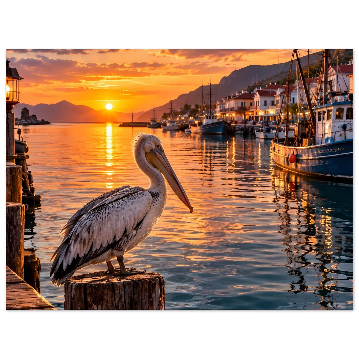 Poster: Pelikan am Kai auf Holzpfahl, Hafenpromenade und goldene Abendsonne