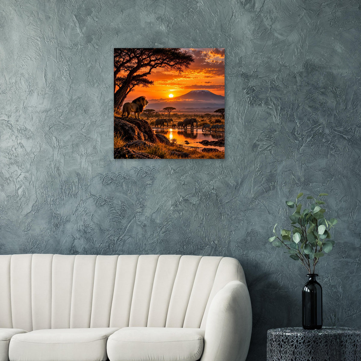 Quadratisches Poster mit Safari-Sonnenuntergang, Elefanten, Fluss und dramatischem Himmel
