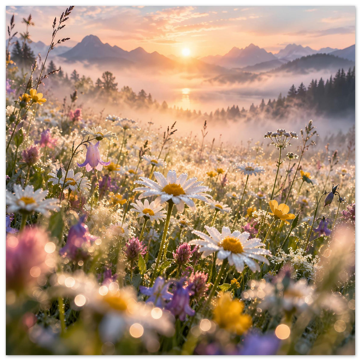 Wandposter mit Wildblumen und Sonnenaufgang über Berglandschaft, gelbe Blüten, Morgennebel